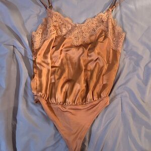 Abercrombie & Fitch Satin Lace Bodysuit in Copper